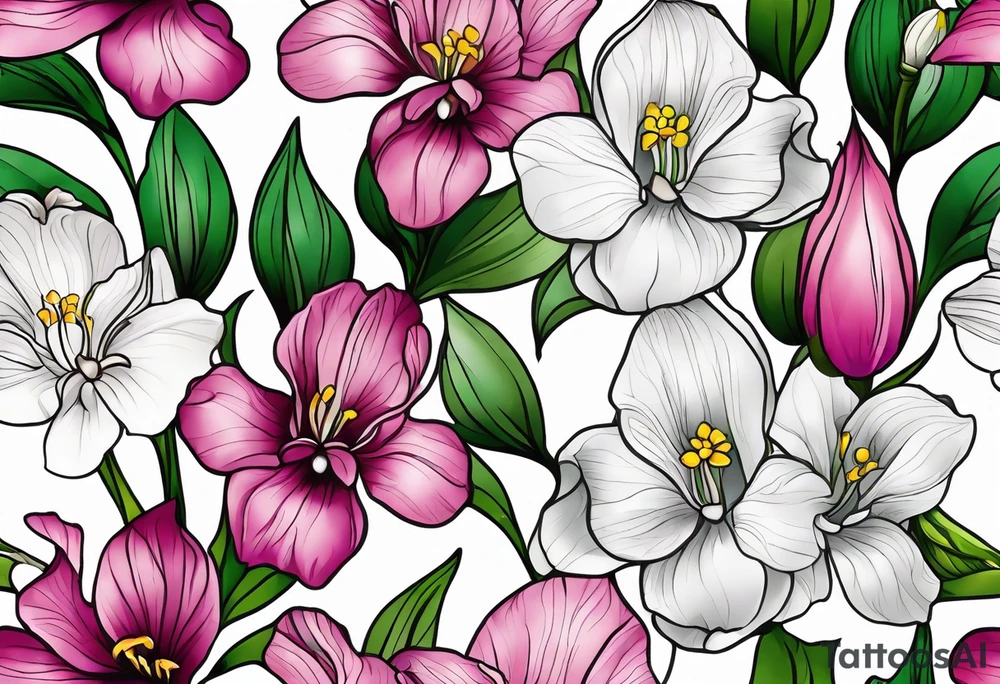 snowdrop flower, iris flower, cherry blossom flower, daisy flower, morning glory flower bouquet tattoo idea