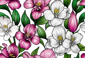 snowdrop flower, iris flower, cherry blossom flower, daisy flower, morning glory flower bouquet tattoo idea