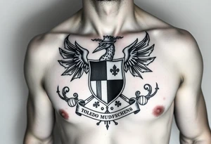 Family crest from Ireland with the The Toledo Mudhens Baseball Team, a very dark  And Demonic And Midevel Featurs Made Into a full chest tattoo with Smith last name heritage and meaning tattoo idea