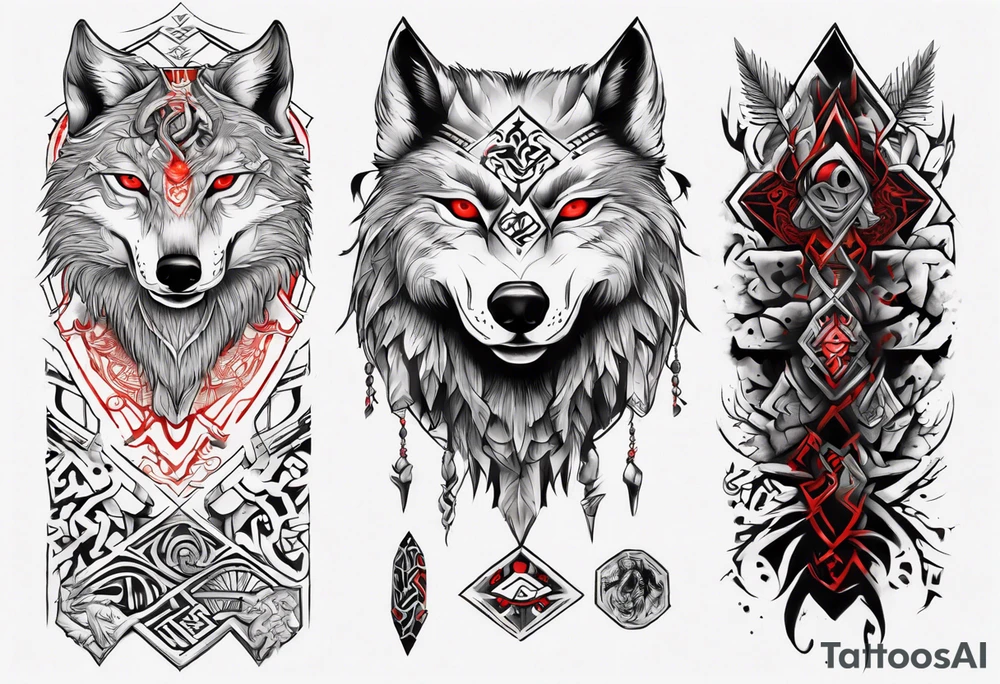 want a half sleeve on my left forearm featuring a wolf with red eyes, surrounded by Māori patterns and Norse symbols tattoo idea