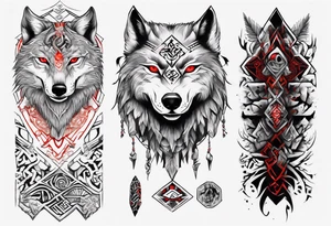 want a half sleeve on my left forearm featuring a wolf with red eyes, surrounded by Māori patterns and Norse symbols tattoo idea