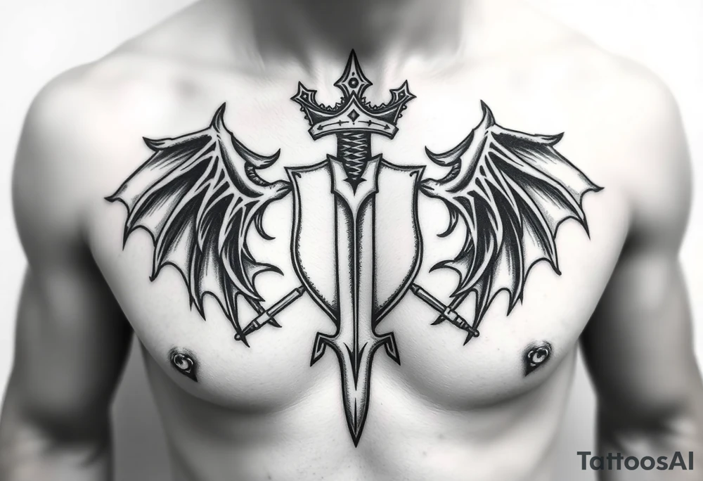 Family crest from Ireland with the The Toledo Mudhens Baseball Team, a demonic  13 And Demonic And Midevel dagger Featurs Made Into a full chest tattoo tattoo idea