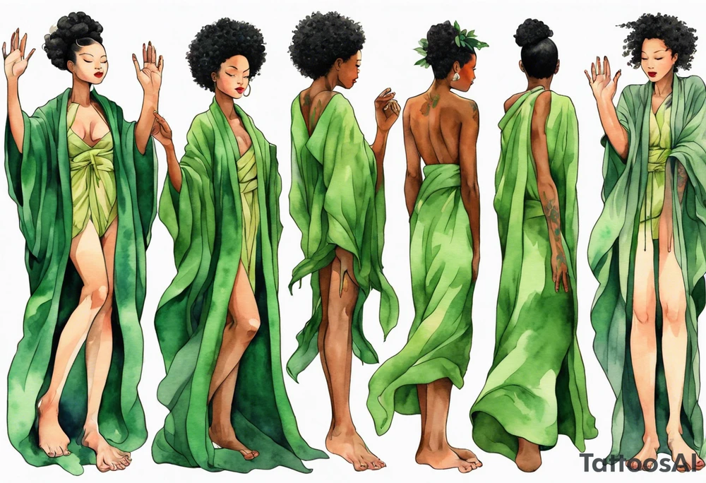 a beautiful black woman with tree roots for feet, wearing a green robe, arms reaching up towards the sun blazing in the sky tattoo idea
