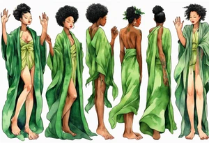 a beautiful black woman with tree roots for feet, wearing a green robe, arms reaching up towards the sun blazing in the sky tattoo idea