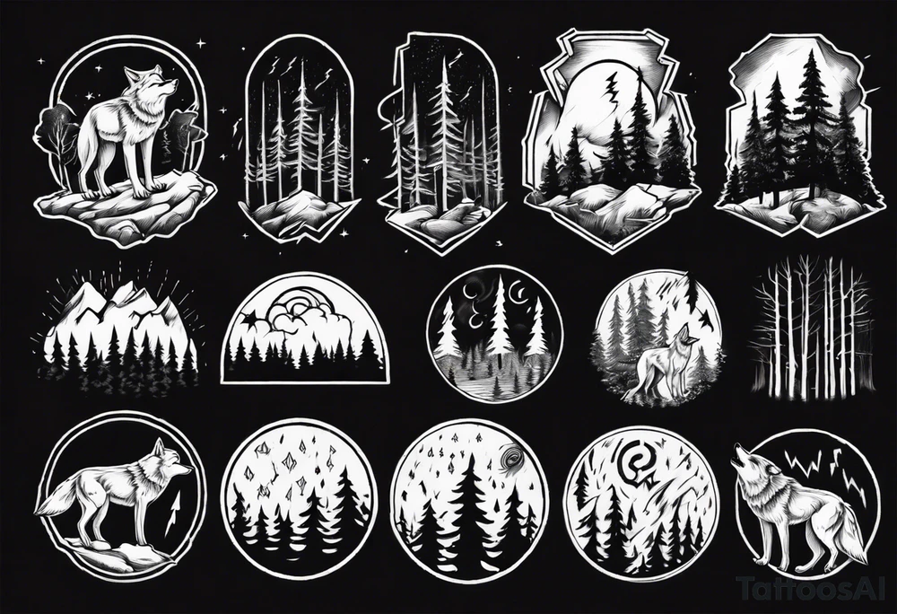 lightning over forest with wolf howling tattoo idea