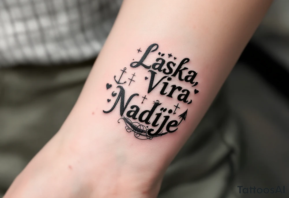 Bold typewriter-style "Láska, Víra, Naděje" in deep charcoal, with a faint heart, cross, and anchor drawn behind each word. tattoo idea