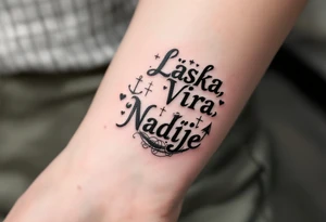 Bold typewriter-style "Láska, Víra, Naděje" in deep charcoal, with a faint heart, cross, and anchor drawn behind each word. tattoo idea