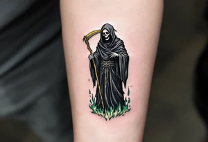 A traditional-style Grim Reaper with a black robe, green flames at his feet, and a golden scythe. tattoo idea