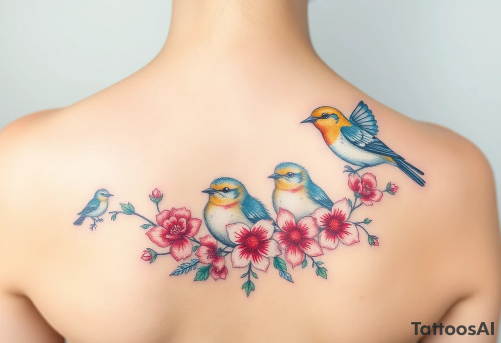 Mom bird and three baby birds with flowers tattoo idea