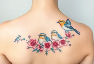 Mom bird and three baby birds with flowers tattoo idea