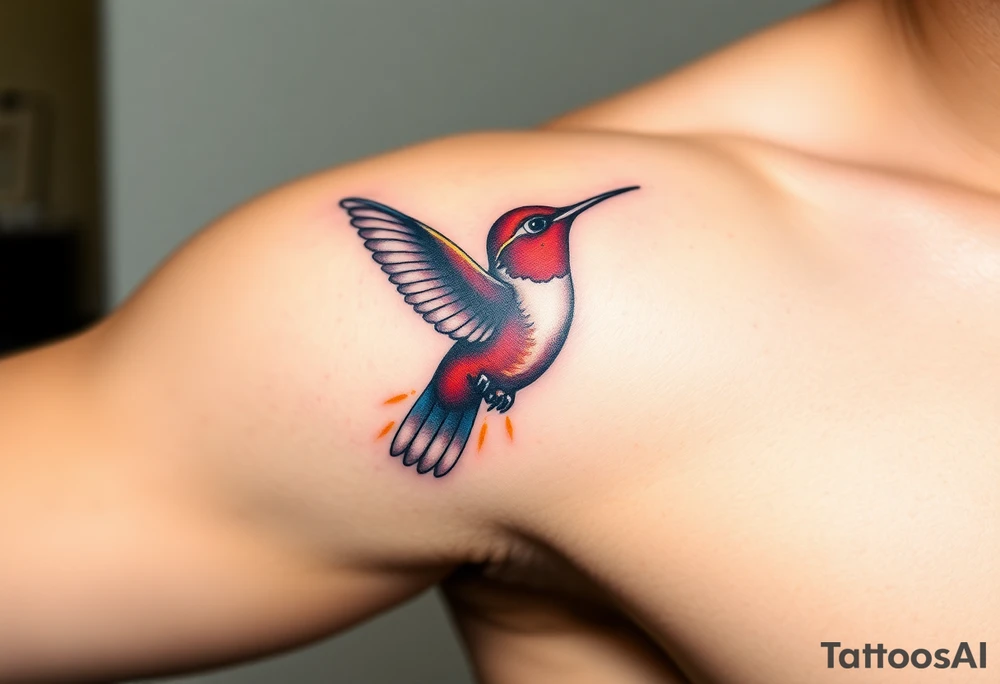 A hummingbird flying through the Eye of Horus, leaving a trail of golden energy, (only red , blue and black are possible colors) tattoo idea