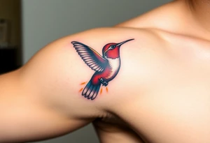 A hummingbird flying through the Eye of Horus, leaving a trail of golden energy, (only red , blue and black are possible colors) tattoo idea