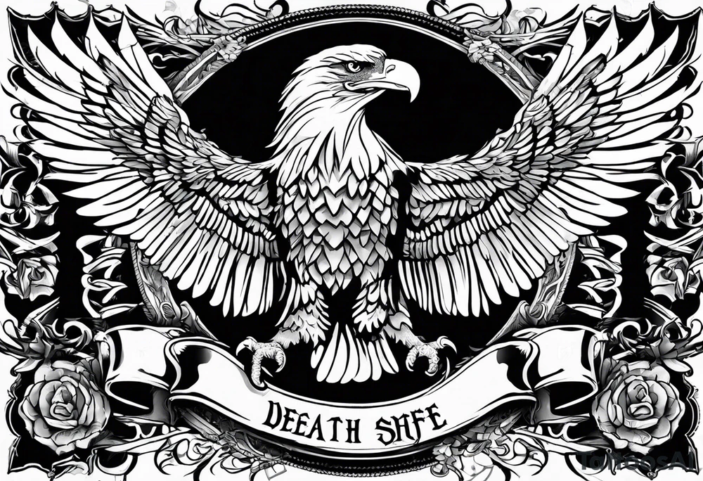 tattoo featuring an American eagle, 

add the words "Death Before Dishonor" on a scroll or something, add a sword or knife 

bottom left is closest, background filling not needed. 

use the Eagle style face of the bottom right tattoo idea
