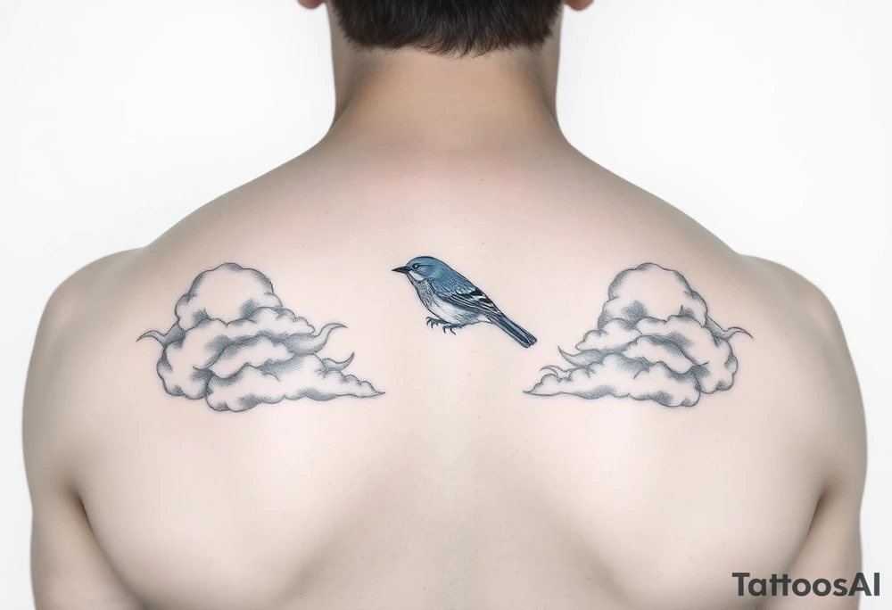 Kentucky bluebird with realistic clouds tattoo idea