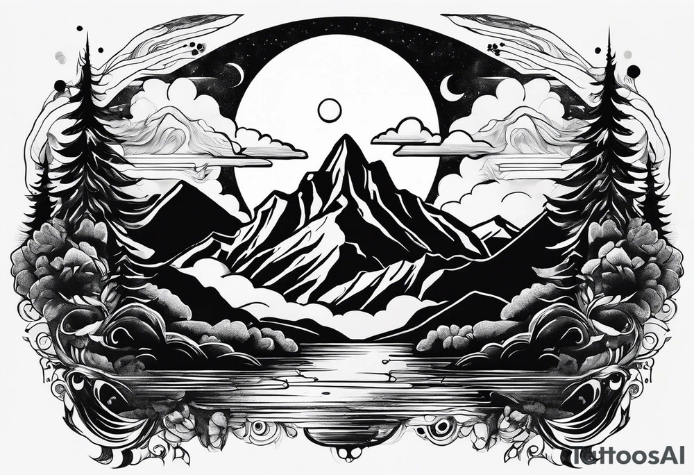 A world that is upside down with Mountains and a Dripping moon tattoo idea