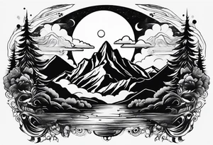 A world that is upside down with Mountains and a Dripping moon tattoo idea