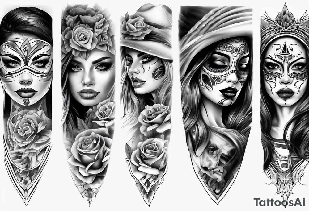 realistic chicano arm sleeve
masks women faces tattoo idea
