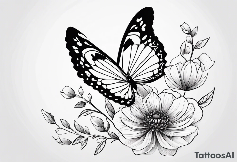 A delicate, black-and-white butterfly with fine, detailed wings, just about to land gently on a fragile, softly blooming flower. Both the butterfly and flower are drawn with elegant, minimalist lines, capturing the sense of beauty, fragility, and perfection in their natural harmony. tattoo idea