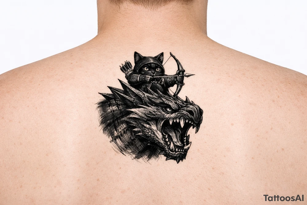 A fantasy illustration of a black Palico feline cat riding on the back of a Nargacuga wyvern dragon. High-fantasy digital art style matching the original game concept art. The camera is a dynamic vertical portrait, showing the dragon's head, snarling open mouth, muscular neck, and upper shoulders. The massive wings are cropped out of the frame entirely to keep the design narrow and vertical. On its back, a cute black cat with realistic cat features and large glowing yellow eyes is aiming a hunter's bow and arrow. Highly detailed but with clean, crisp lines, rich deep black and midnight blue shading, solid white background. No woodcut texture, no flat cartoon sticker style. tattoo idea
