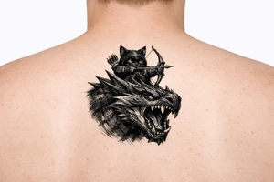 A fantasy illustration of a black Palico feline cat riding on the back of a Nargacuga wyvern dragon. High-fantasy digital art style matching the original game concept art. The camera is a dynamic vertical portrait, showing the dragon's head, snarling open mouth, muscular neck, and upper shoulders. The massive wings are cropped out of the frame entirely to keep the design narrow and vertical. On its back, a cute black cat with realistic cat features and large glowing yellow eyes is aiming a hunter's bow and arrow. Highly detailed but with clean, crisp lines, rich deep black and midnight blue shading, solid white background. No woodcut texture, no flat cartoon sticker style. tattoo idea