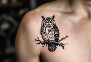 wise owl perched on ancient oak branch under starlit sky tattoo idea