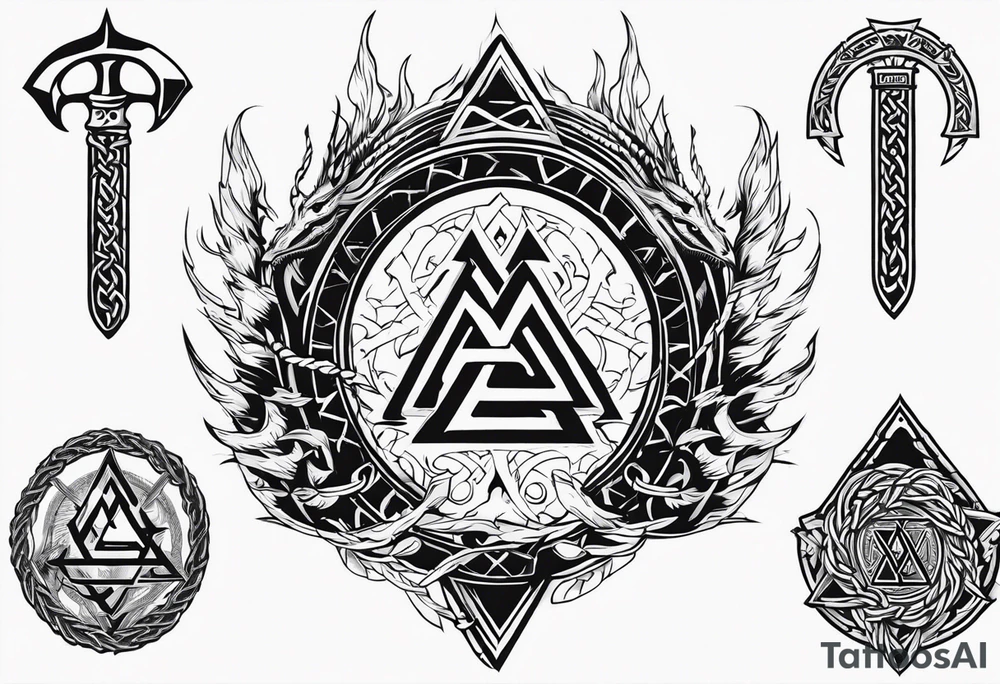 Valhalla sword shield dragon axe Valknut barbed wire chains fire tattoo idea Valhalla sword shield dragon axe Valknut barbed wire chains fire tattoo idea