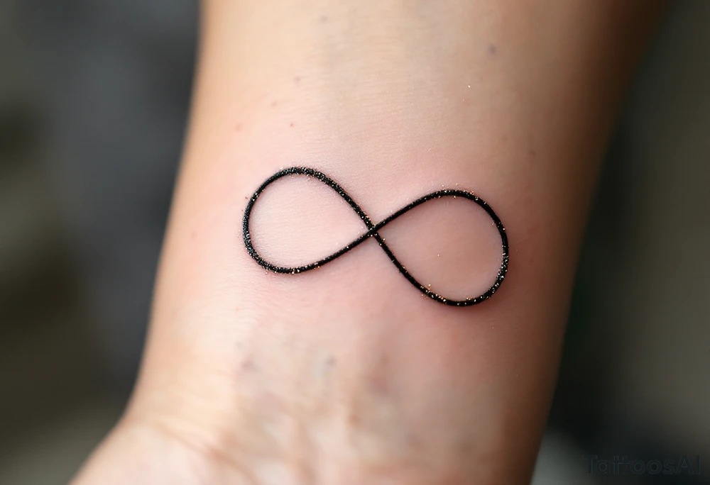 A thin, minimalist infinity outline in black gold, with tiny white sparkles accenting the curves. tattoo idea