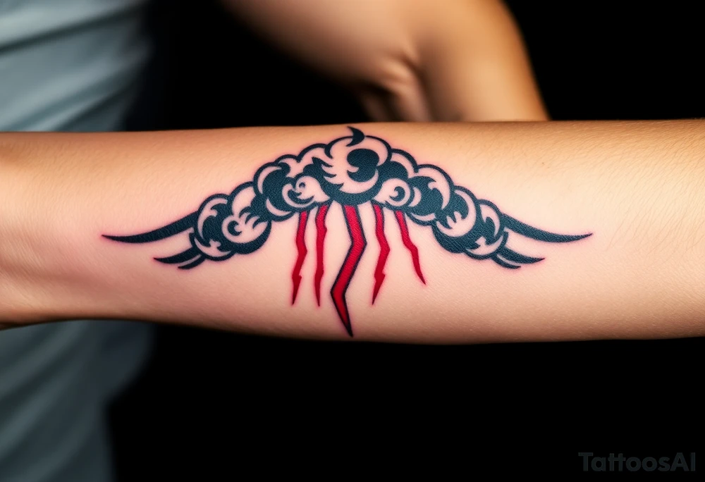 Dark, black menacing storm clouds with creepy red bolts of lightning coming down tattoo idea