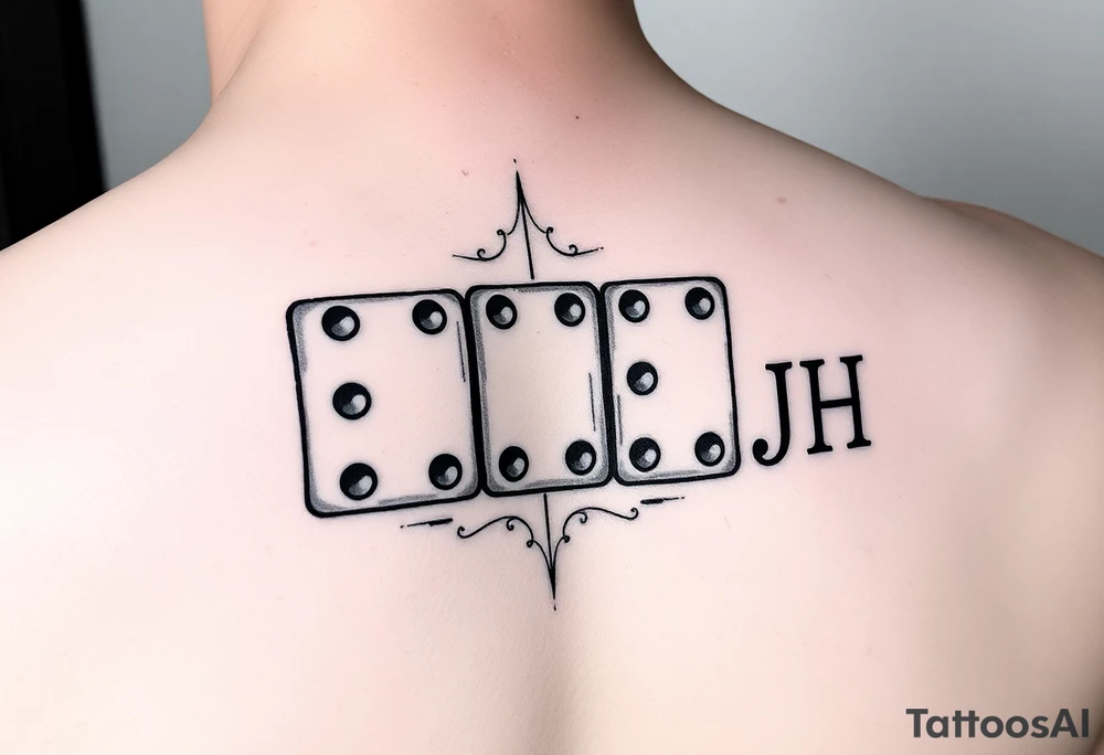 drei dominosteine mit den augen nummern 8 7 6 und beim letzten unten 6 und oben die Inizialen JH tattoo idea
