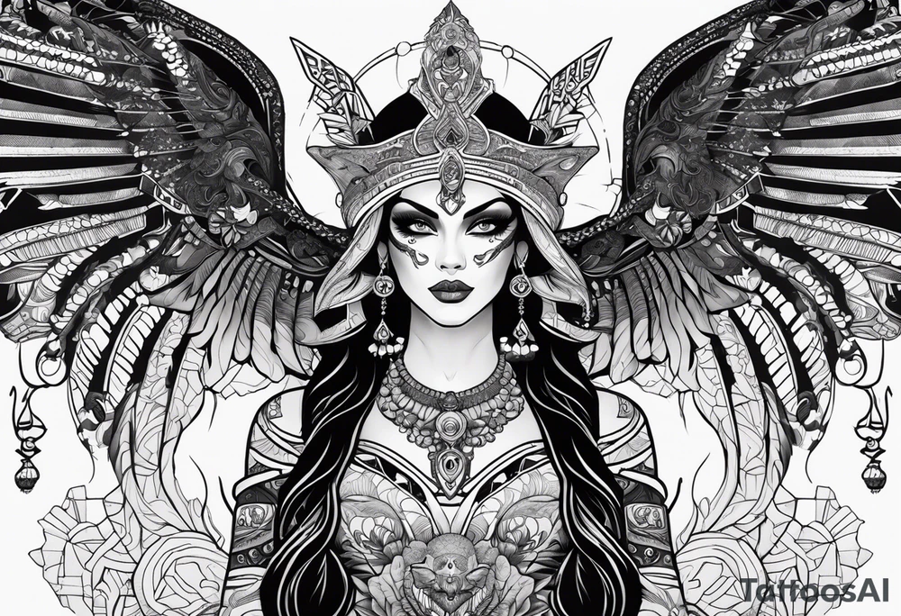 kali, alien goddess, valkrye, pirate, zenza, lotus, wing, pachamama, skull tattoo idea