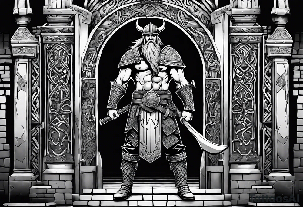A Viking standing in front of the gate to the valhalla. tattoo idea