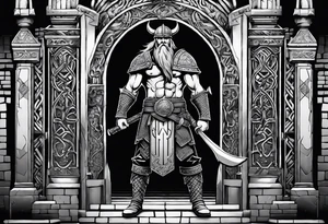 A Viking standing in front of the gate to the valhalla. tattoo idea
