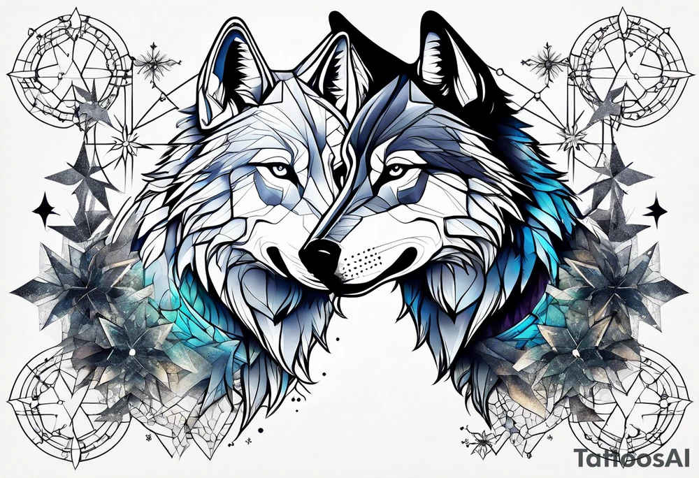 Constellation, two animal wolf, géométric, snowflake tattoo idea
