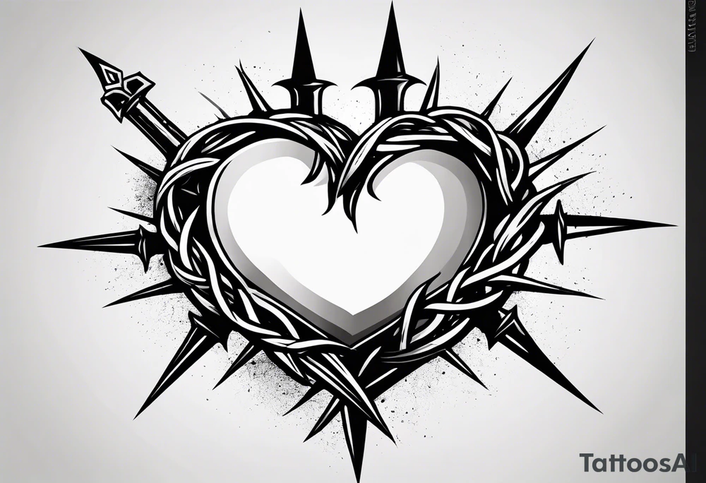 A simple design of a crown of thorns resting on the guard of a sword that is piercing a heart tattoo idea