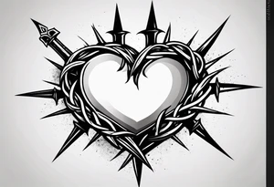 A simple design of a crown of thorns resting on the guard of a sword that is piercing a heart tattoo idea