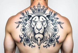 powerful majestic lion with a crown, surrounded by floral ornaments and birds tattoo idea