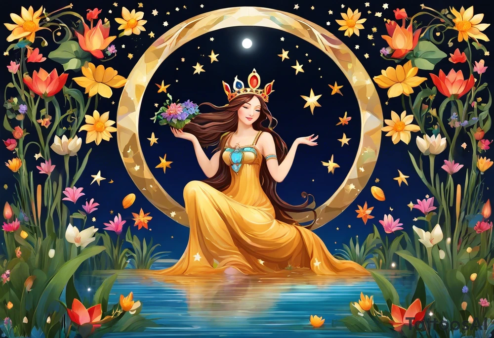 Wood nymph. She is wearing a crown made of butterflies and has a pond and lilies near her feet with colorful vegetation. She is holding her arms upright and has her hands cupped above her head. Above her hands she has the moon, stars, and sun. The moon, stars, and sun have a flower accent. tattoo idea