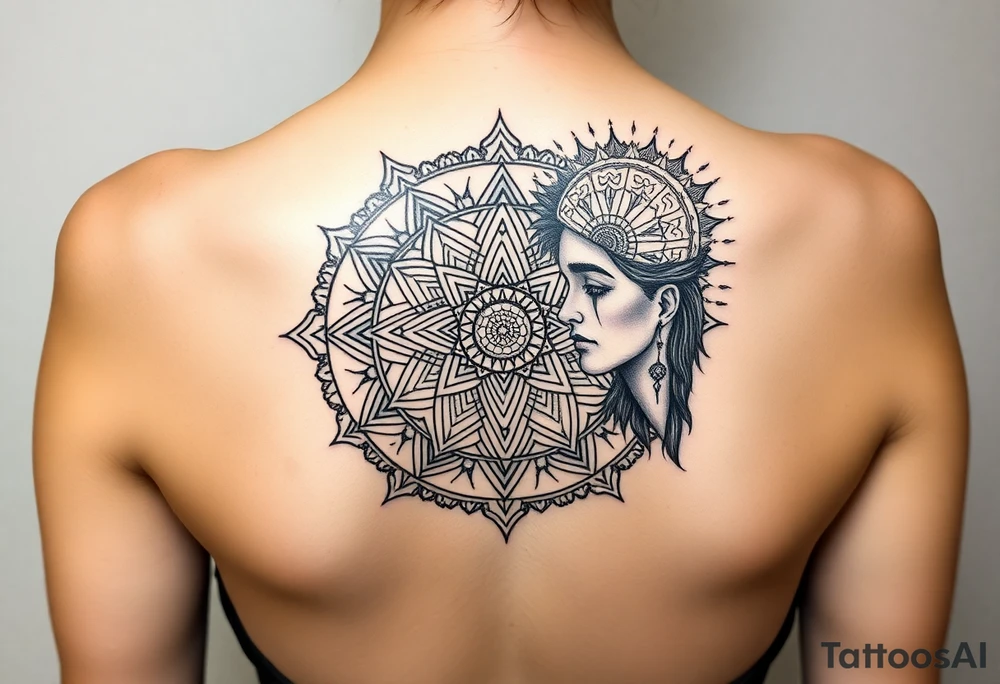 intricate mandala with sacred geometry and cosmic elements and a guy in an electric with very large head tattoo idea