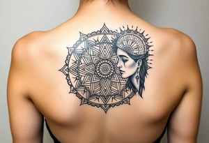 intricate mandala with sacred geometry and cosmic elements and a guy in an electric with very large head tattoo idea