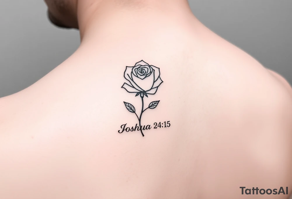 fine-line rose on my inner wrist, with the stem flowing down into the word Joshua 24:15 in tiny clean text underneath. photo of it tattoo idea