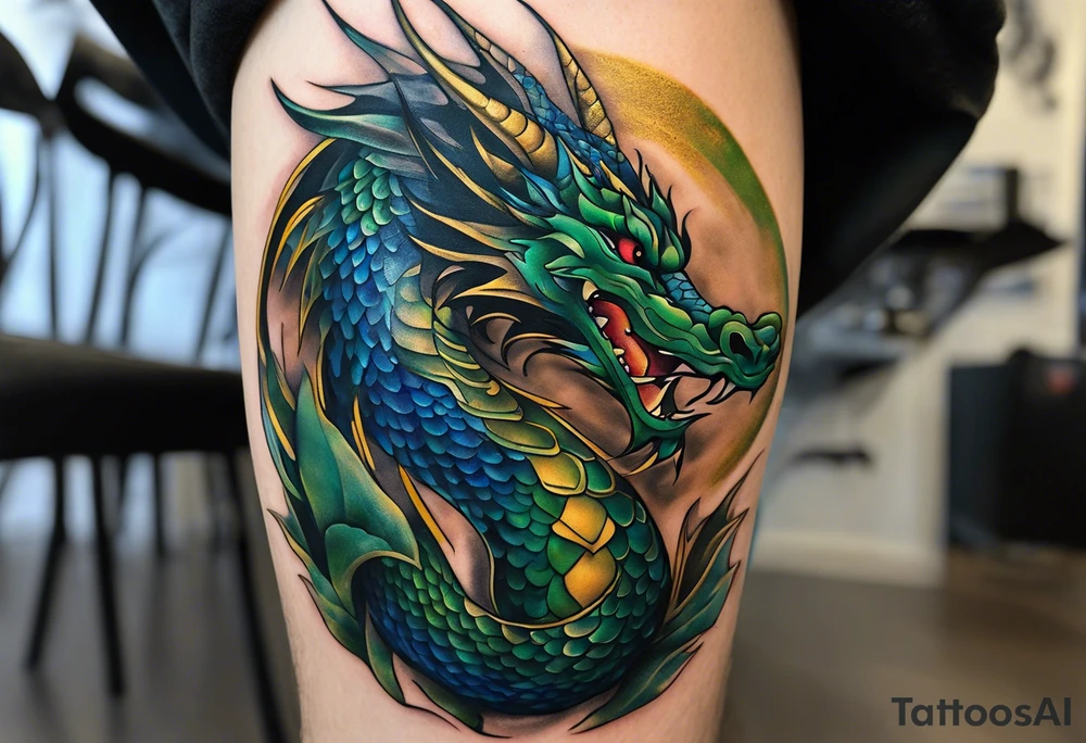 An epic dragon wraps around the calf, its body coiling dynamically, with scales and horns detailed to create a sense of movement and strength. The dragon features accents in green, blue, and gold, giving a vibrant depth and a mystical aura. This tattoo highlights the dragon’s fierce expression and sharp claws as it wraps protectively around the leg. Style: Realism tattoo idea
