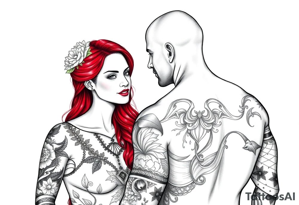 Woman with long red hair and red lipstick with lots of tattoos with  a bald muscular white man with tattoos getting married tattoo idea