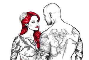 Woman with long red hair and red lipstick with lots of tattoos with  a bald muscular white man with tattoos getting married tattoo idea