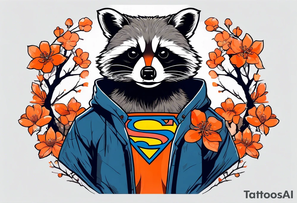 raccoon wearing a Superman hoodie with orange Japanese cherry blossoms tattoo idea