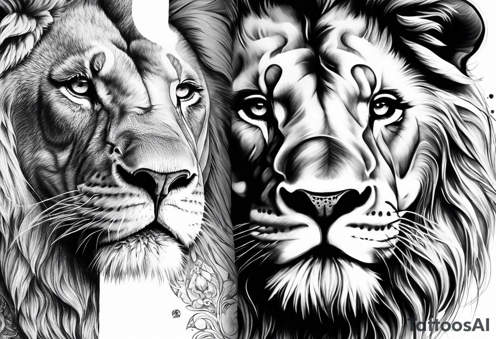 Half lion face half elephant face tattoo idea