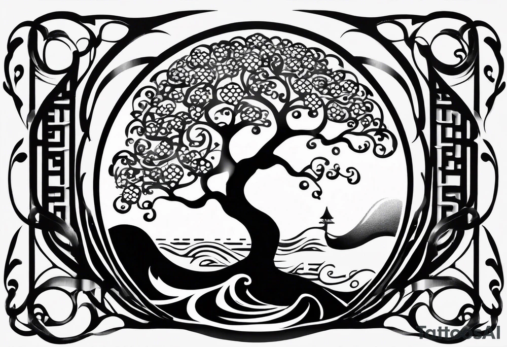 an abstract Tree of life tattoo design. Black and white. It should have roots growing out of the bottom. The roots slowly transform into water waves from the great wave by Hokusai. A golf ball should be placed discreetly. Like in the place of a moon. 2 license plate tags should be hanging from the tree. Place a few music notes. The letters A U should be engraved into the tree trunk in a heart tattoo idea