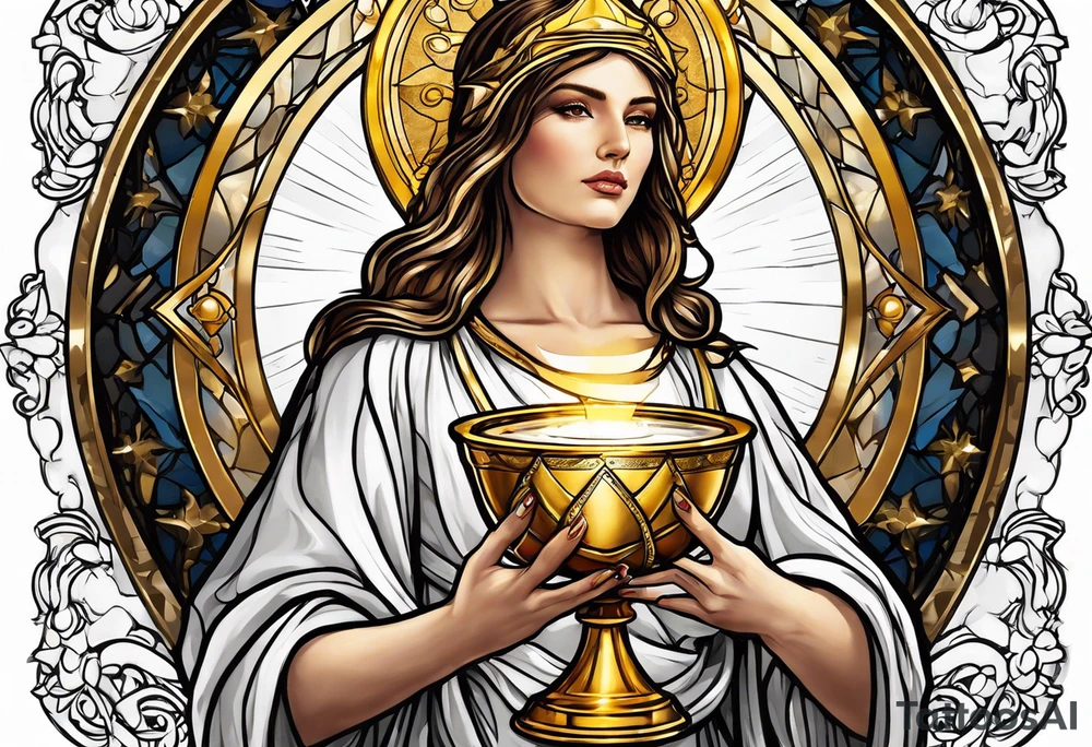 holy saint woman turned away with golden halo holding a chalice tattoo idea