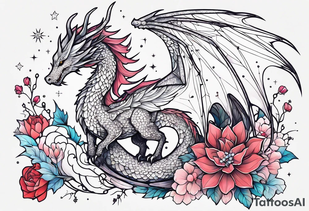 Constellation, wing , snow , cross , dragon female japan kawaii , flower tattoo idea