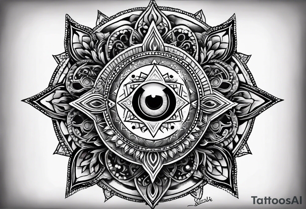 Hamsa with a third eye, a compass, tree of life, Jewish star and AA symbol tattoo idea