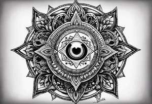 Hamsa with a third eye, a compass, tree of life, Jewish star and AA symbol tattoo idea